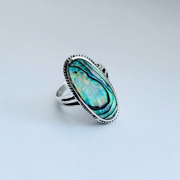 Sterling Silver Statement Abalone Ring, Silver Ring, Seashell Stone, Ocean Shell - Picture 5 of 12